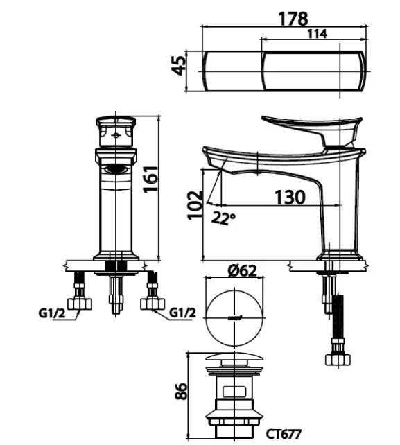 Bản vẽ Vòi rửa mặt lavabo nóng lạnh COTTO CT2251A#CG