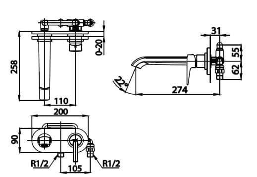 Bản vẽ Vòi rửa mặt lavabo nóng lạnh gắn tường COTTO CT2263A