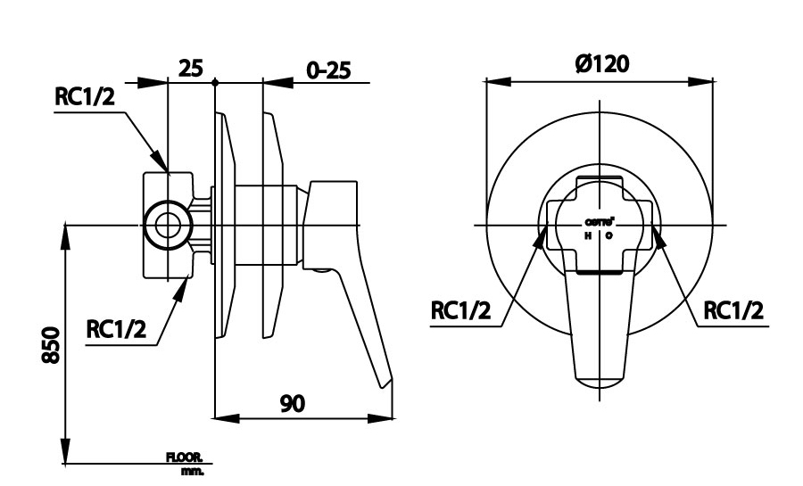Bản vẽ Van điều chỉnh sen tắm âm tường COTTO CT2293A