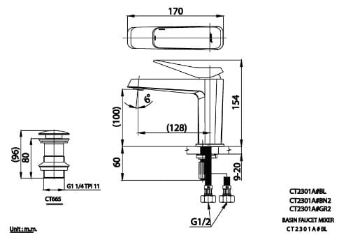 Bản vẽ Vòi rửa mặt lavabo nóng lạnh COTTO CT2301A#BL