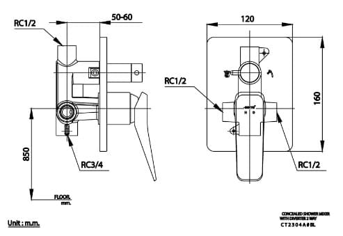 Bản vẽ Mặt nạ sen tắm âm tường COTTO CT2304A#BL