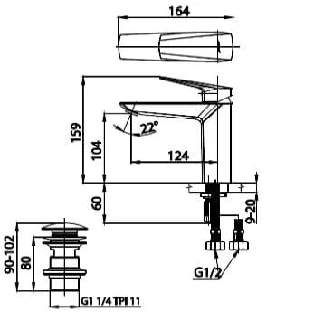 Bản vẽ Vòi rửa mặt lavabo nóng lạnh COTTO CT2321A
