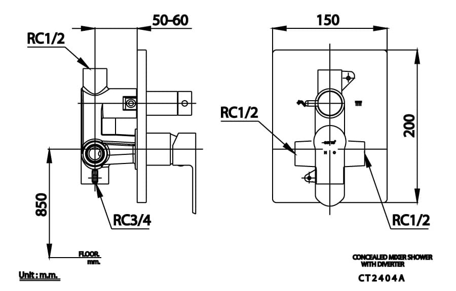 Bản vẽ Mặt nạ sen tắm âm tường COTTO CT2404A