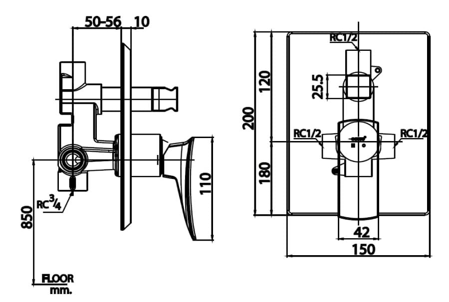 Bản vẽ kỹ thuật Mặt nạ sen tắm âm tường COTTO CT2255A#BLBR