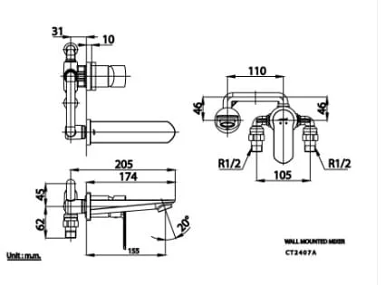 Bản vẽ Vòi rửa mặt lavabo nóng lạnh gắn tường COTTO CT2407A