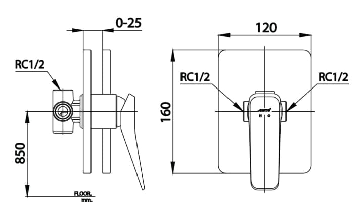 Bản vẽ Mặt nạ sen tắm âm tường COTTO CT2303A#BL