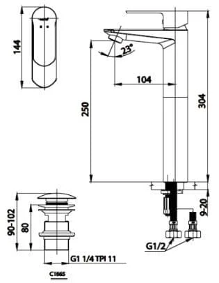 Bản vẽ Vòi rửa mặt lavabo nóng lạnh thân cao COTTO CT2402AYF