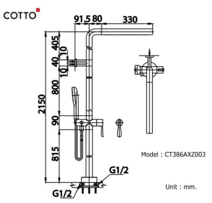 Bản vẽ Vòi sen tắm đứng nóng lạnh COTTO CT386AXZ003