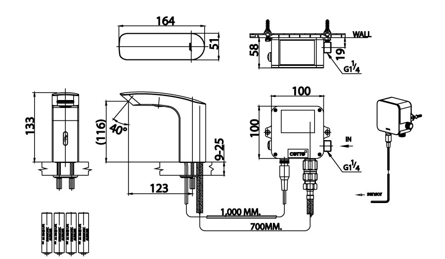 Bản vẽ Vòi rửa mặt lavabo lạnh cảm ứng dùng pin COTTO CT537NXDC