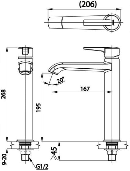 Bản vẽ Vòi rửa mặt lavabo lạnh thân cao COTTO CT1232AY