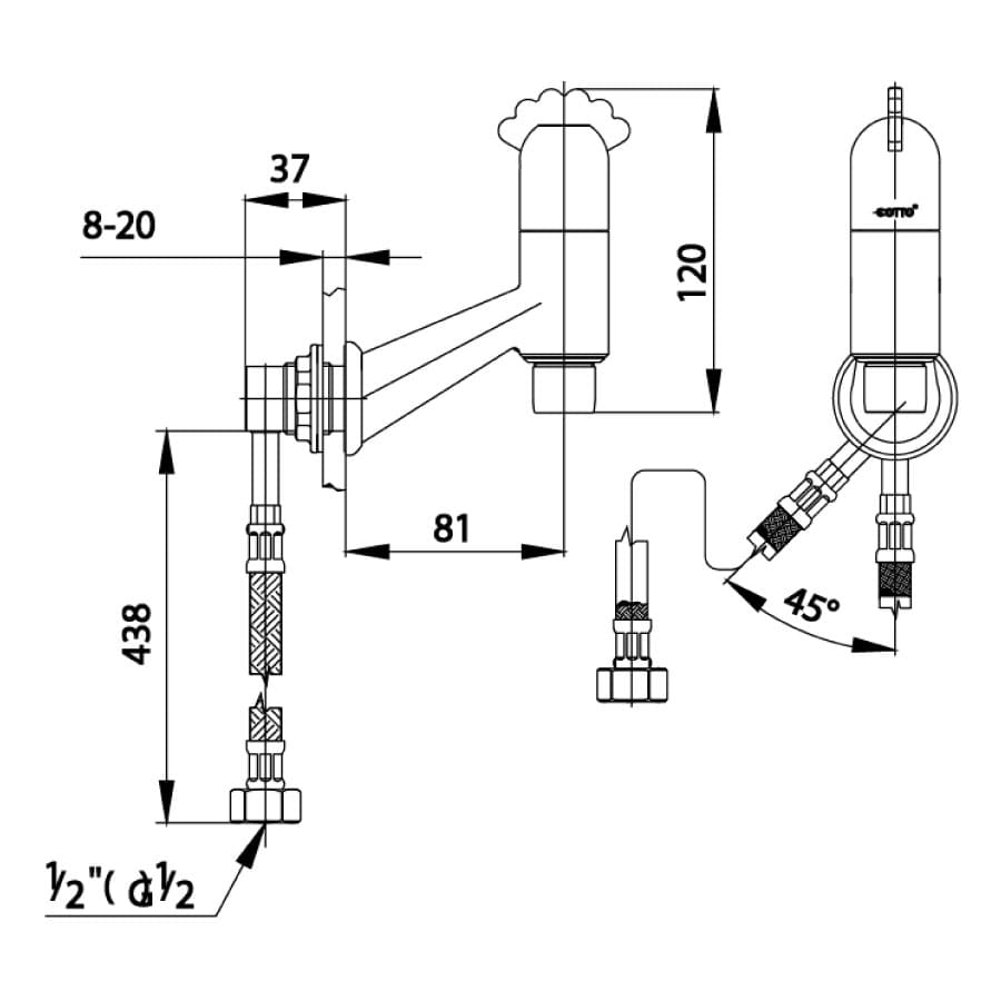 Bản vẽ Vòi nước gắn tường COTTO CT171C23
