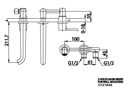 Bản vẽ Vòi rửa mặt lavabo nóng lạnh gắn tường COTTO CT2184A