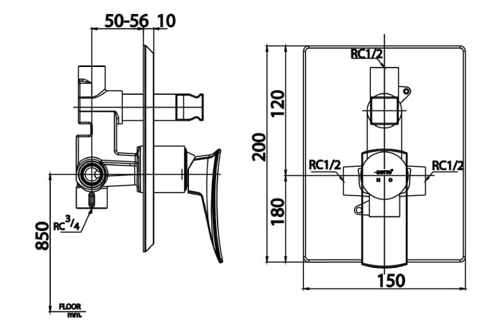 Bản vẽ Mặt nạ sen tắm âm tường COTTO CT2255A#CRG