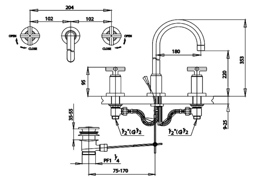 Bản vẽ Vòi rửa mặt lavabo nóng lạnh 3 lỗ COTTO CT238YC16