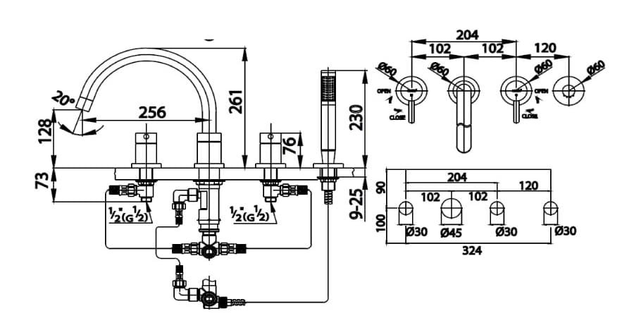 Bản vẽ Vòi sen xả bồn tắm gắn bồn COTTO CT337YS45