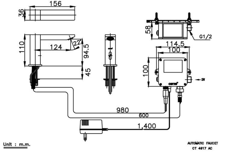 Bản vẽ Vòi rửa mặt lavabo lạnh cảm ứng dùng pin COTTO CT4917DC