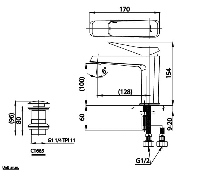Bản vẽ Vòi rửa mặt lavabo nóng lạnh COTTO CT2301A#BN2