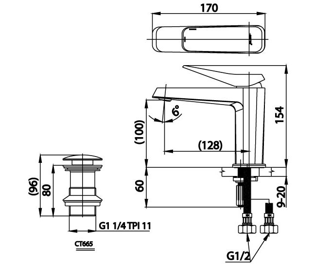 Bản vẽ Vòi rửa mặt lavabo nóng lạnh COTTO CT2301A#GR2