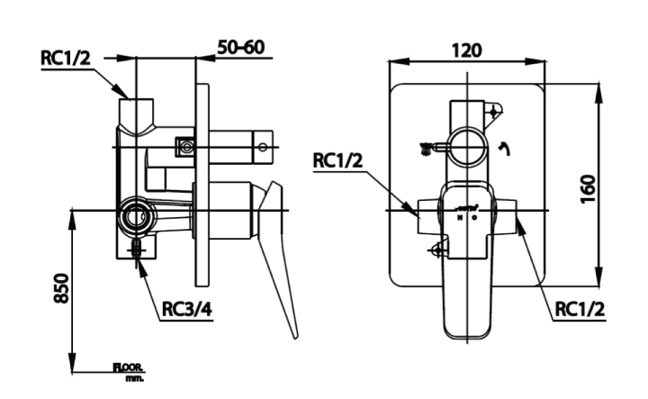 Bản vẽ Mặt nạ sen tắm âm tường COTTO CT2304A#BN2