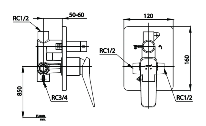 Bản vẽ Mặt nạ sen tắm âm tường COTTO CT2304A#GR2