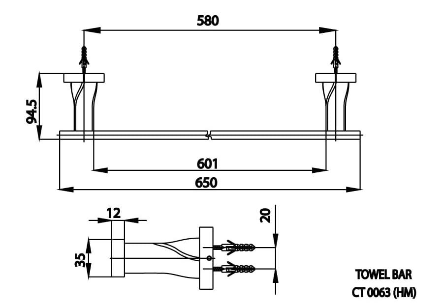 Bản vẽ Thanh treo khăn COTTO CT0063#WH(HM)