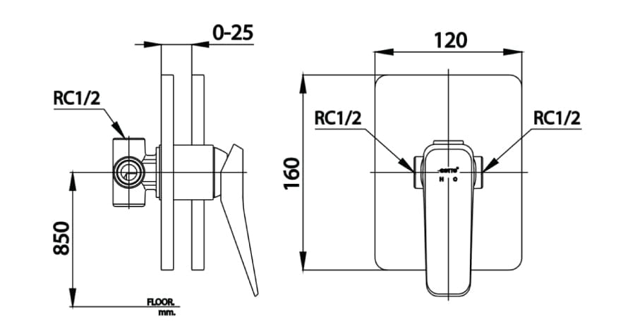 Bản vẽ kỹ thuật Mặt nạ sen tắm âm tường COTTO CT2303A#GR2