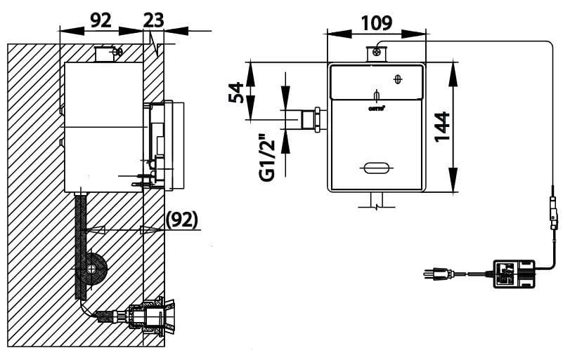 Bản vẽ Van xả tiểu cảm ứng âm tường COTTO CT4801AC(NL)