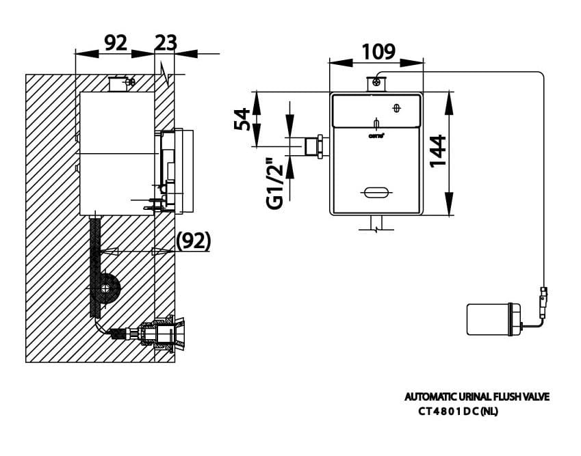 Bản vẽ Van xả tiểu cảm ứng âm tường COTTO CT4801DC(NL)