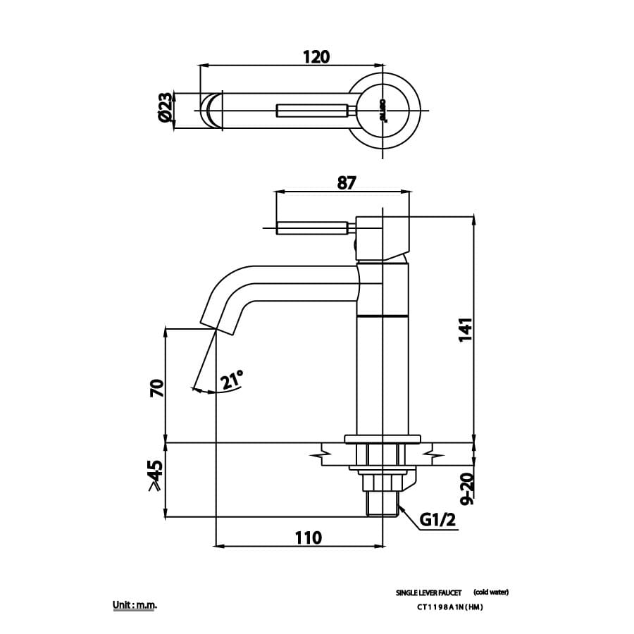 Bản vẽ Vòi rửa mặt lavabo lạnh COTTO CT1198A1N(HM)