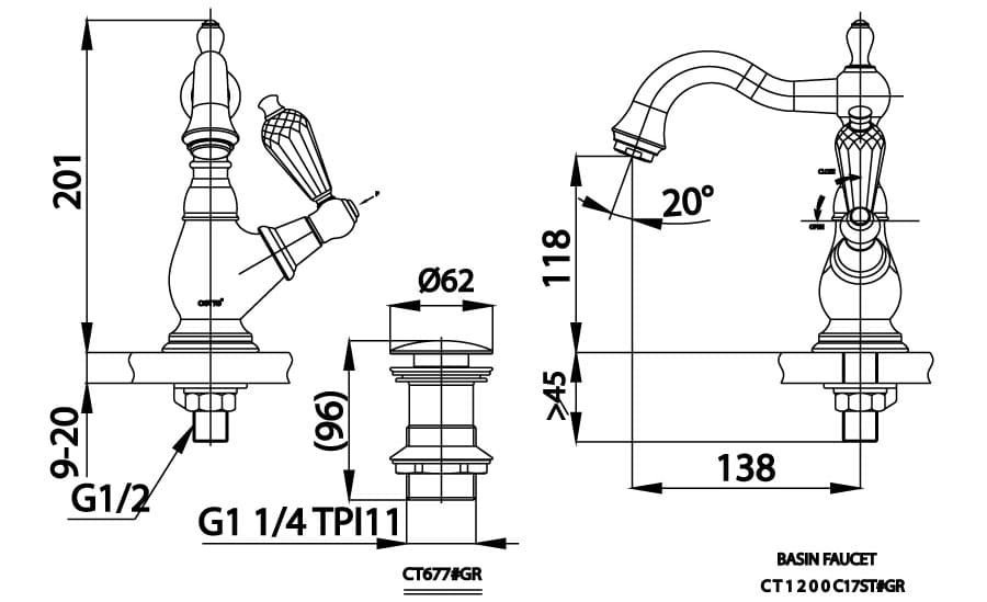 Bản vẽ Vòi rửa mặt lavabo lạnh COTTO CT1200C17ST#GR