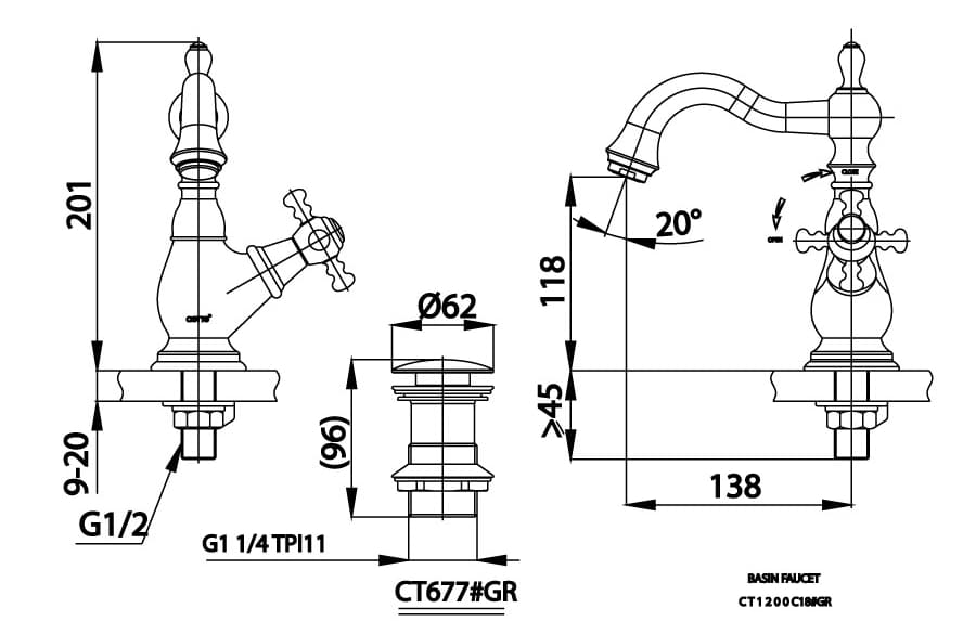 Bản vẽ Vòi rửa mặt lavabo lạnh COTTO CT1200C18#GR