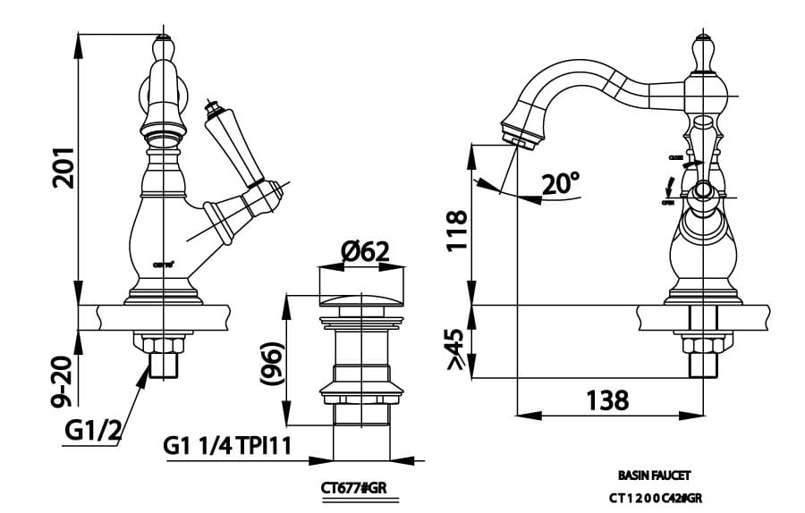 Bản vẽ Vòi rửa mặt lavabo lạnh COTTO CT1200C42#GR