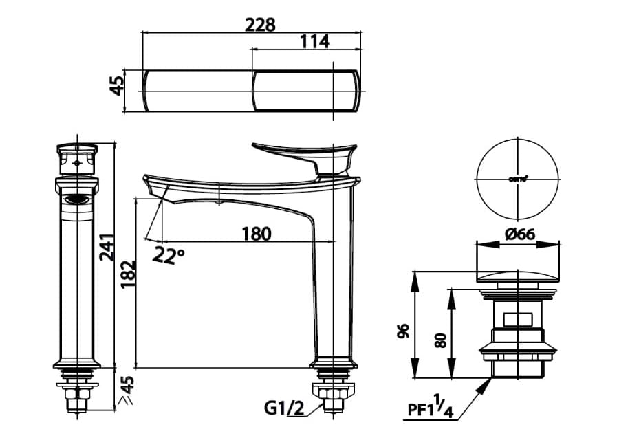 Bản vẽ Vòi rửa mặt lavabo lạnh COTTO CT1222A#BLBR