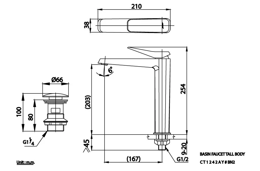 Bản vẽ Vòi rửa mặt lavabo lạnh COTTO CT1242AY#BN2