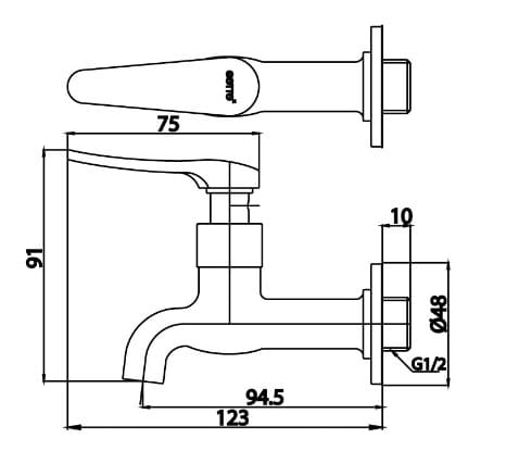 Bản vẽ kỹ thuật Vòi nước gắn tường COTTO CT1252(HM)