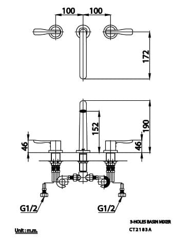 Bản vẽ Vòi rửa mặt lavabo nóng lạnh 3 lỗ COTTO CT2183A