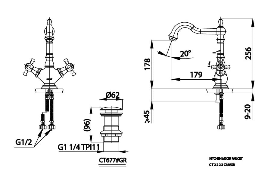 Bản vẽ Vòi rửa mặt lavabo nóng lạnh COTTO CT2223C18#GR