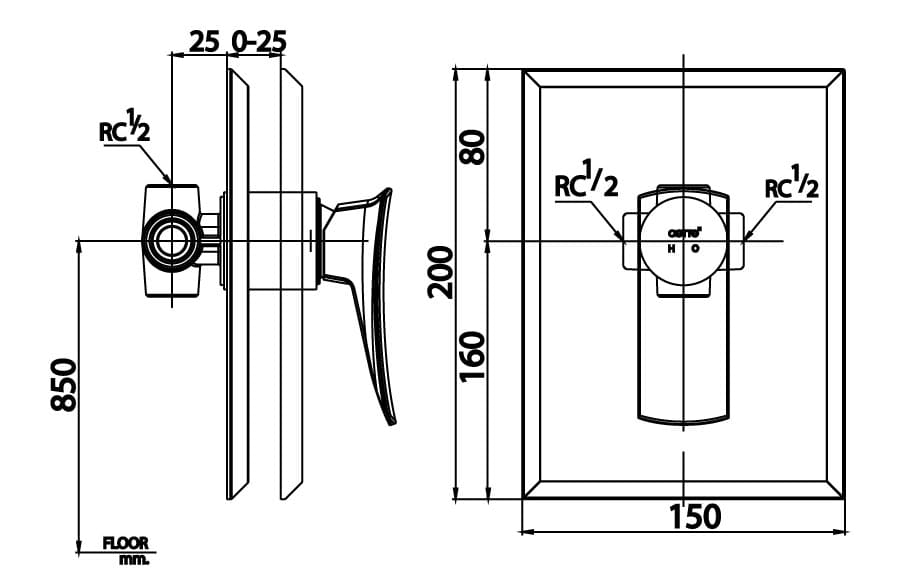 Bản vẽ Mặt nạ sen tắm âm tường COTTO CT2256A#CG