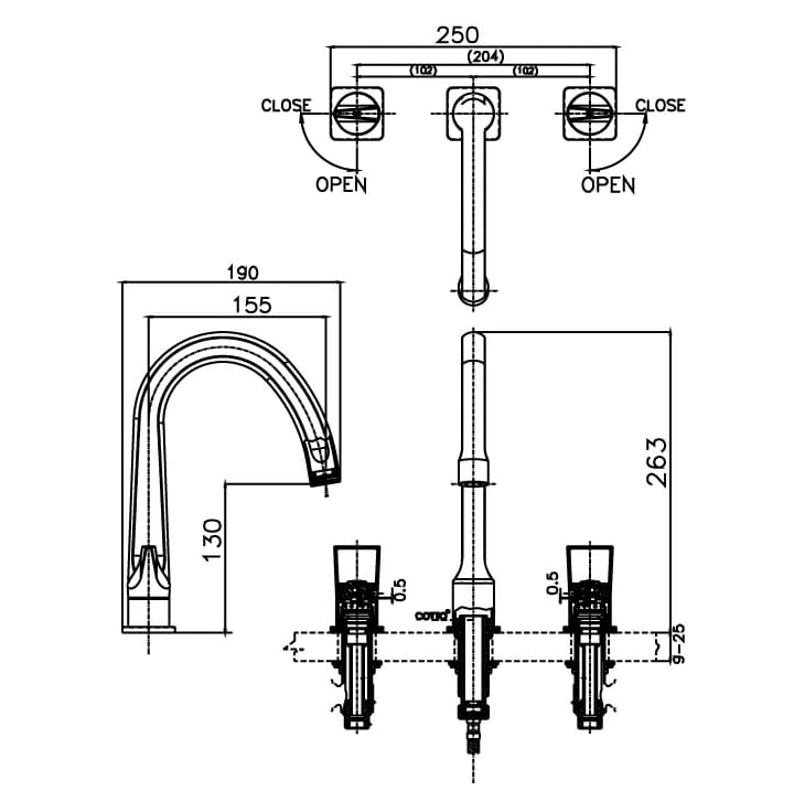 Bản vẽ Vòi rửa mặt lavabo nóng lạnh 3 lỗ COTTO CT2282C44#CG