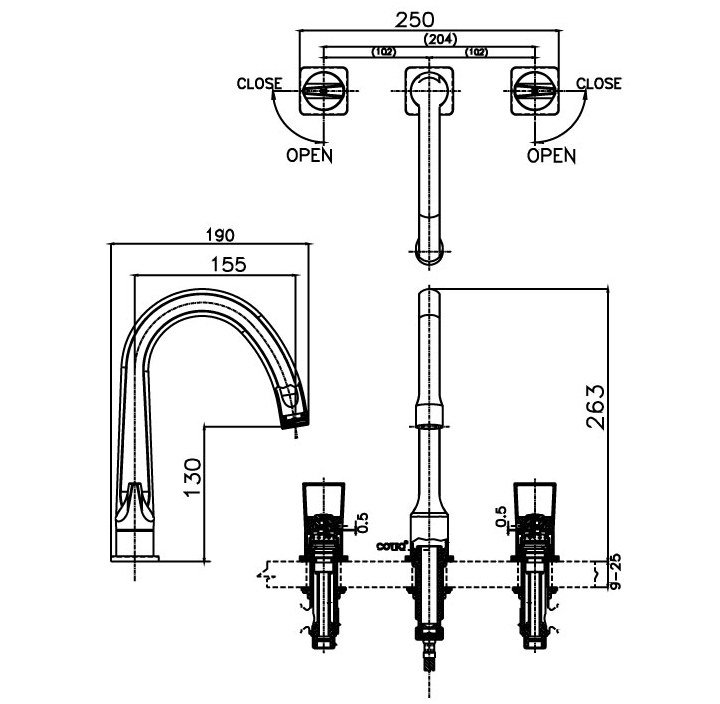 Bản vẽ Vòi rửa mặt lavabo nóng lạnh 3 lỗ COTTO CT2282C45#CG