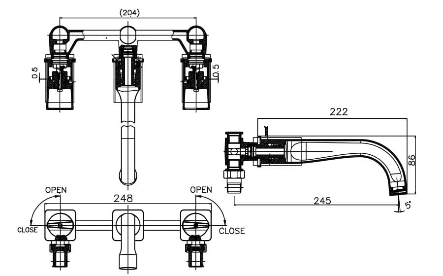 Bản vẽ Vòi rửa mặt lavabo nóng lạnh 3 lỗ gắn tường COTTO CT2283C45