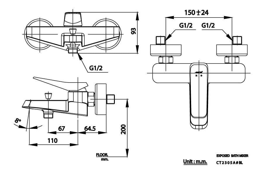 bản vẽ Củ sen tắm nóng lạnh COTTO CT2305A#BL