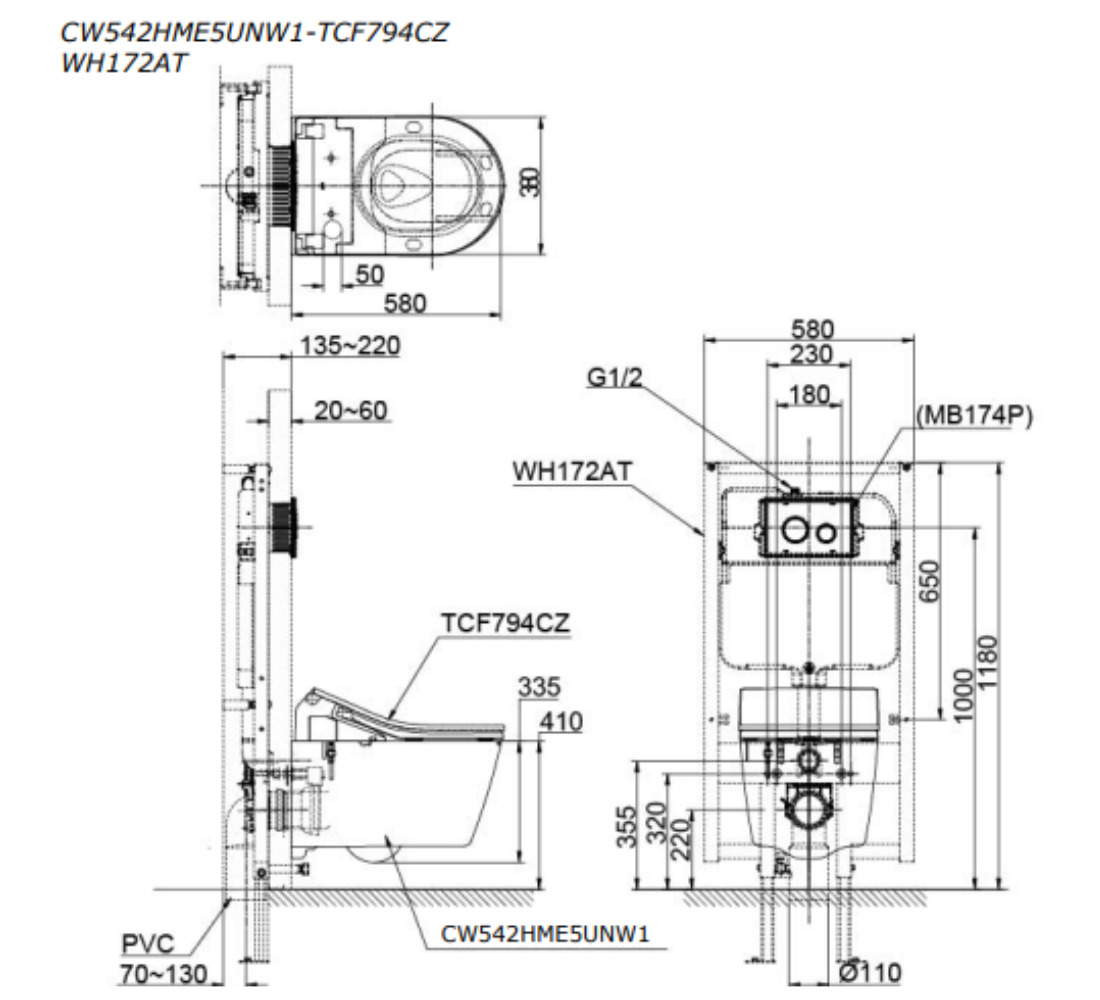 Bản vẽ Bồn cầu treo tường nắp điện tử TOTO CW542HME5UNW1 TCF794CZ#NW1 WH172AT
