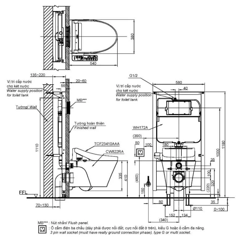 Bản vẽ Bồn cầu treo tường nắp điện tử TOTO CW822RA#W TCF23410AAA#NW1 WH172A