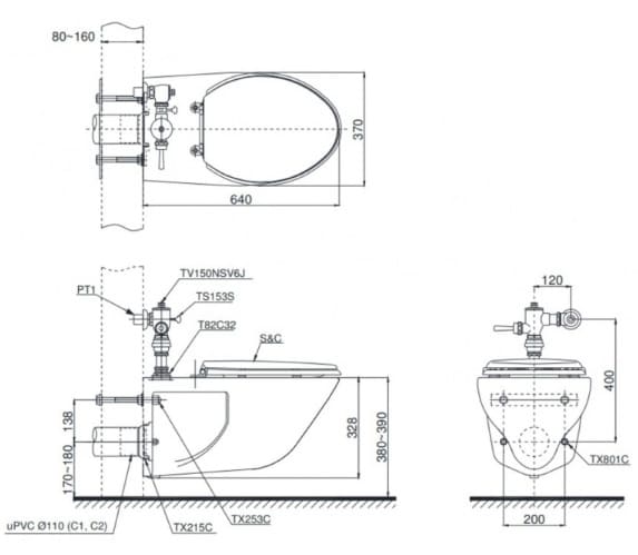 Bản vẽ Bồn cầu treo tường nắp đóng êm TOTO CW550#XW/TC393VS#W/HTS153S/TV150NSV6J