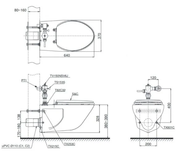 Bản vẽ Bồn cầu treo tường nắp đóng êm TOTO CW550#XW/TC393VS#W/HTS153S/TV150NSV6J