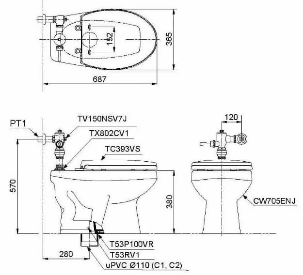 Bản vẽ Bồn cầu đặt sàn nắp đóng êm TOTO CW705ENJ#W/TV150NSV7J/TX802CV1/T53P100VR/T53RV1#W/TC393VS#W