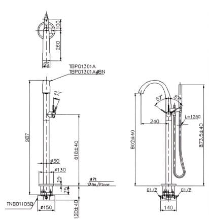 Bản vẽ Vòi xả bồn tắm đặt sàn TOTO TBP01301A#BN/TBN01105B