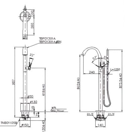 Bản vẽ Vòi xả bồn tắm đặt sàn TOTO TBP01301AA/TBN01105B