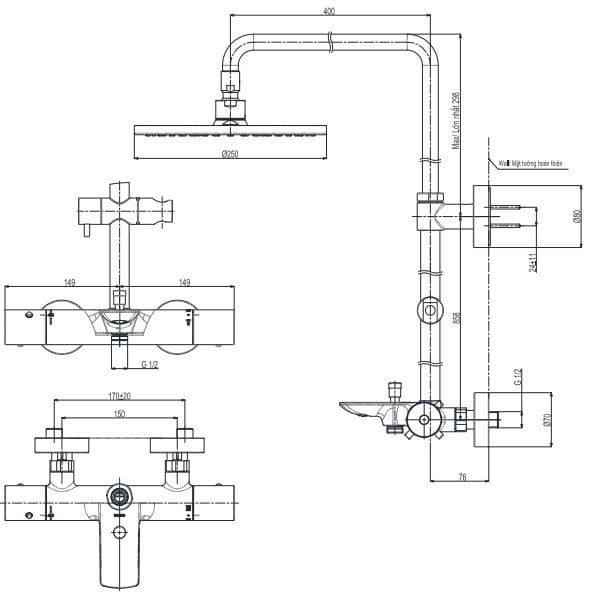 Bản vẽ Vòi sen tắm đứng nhiệt độ TOTO TBW07403A